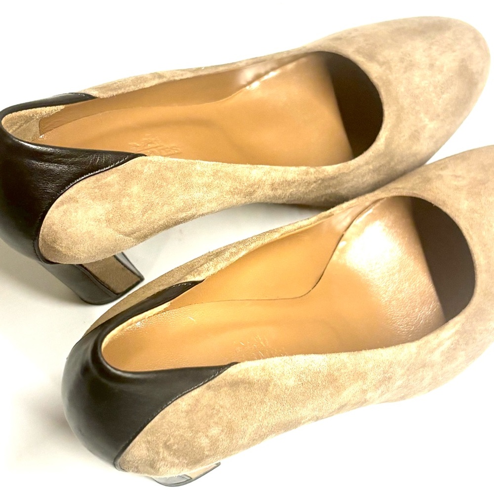 Vintage Hermes Paris Pumps Suede Taupe Heels with Black Leather Contrast - Picture 7 of 10